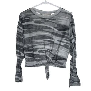 U.S. Vintage Womens Grey Camo Long Sleeve Cropped Tie Front T-Shirt Size Large